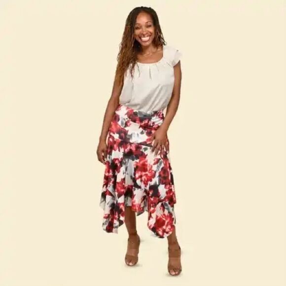 Tamsy Red and Neutral Floral Asymmetrical Midi Skirt S1x CLOSET CLEAR OUT SALE! - Picture 1 of 5